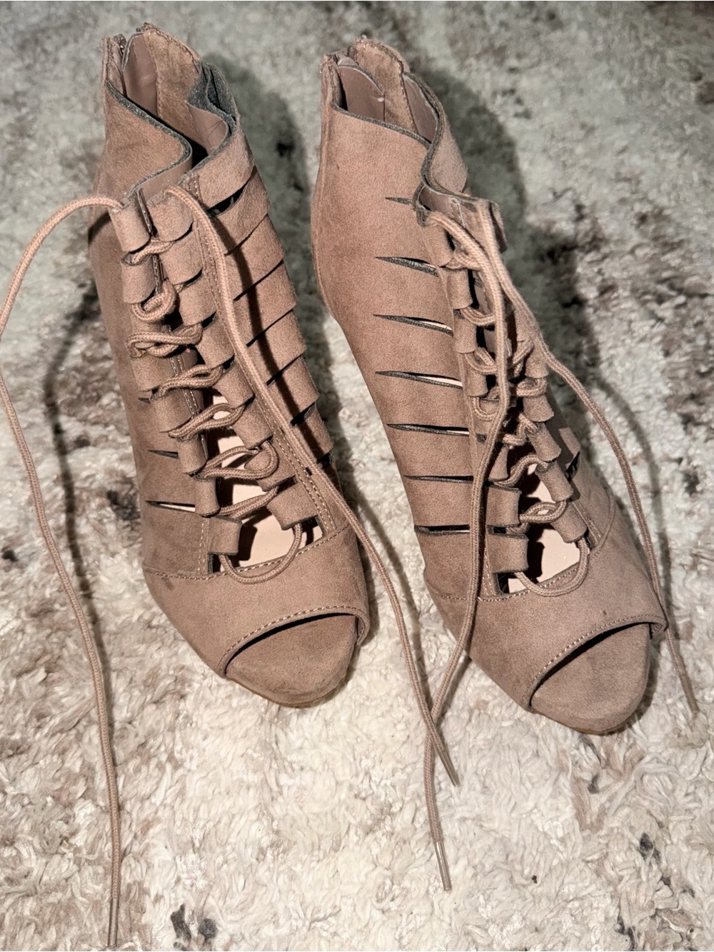Fergalicious Taupe Lace-Up Peep Toe Heels Size 6